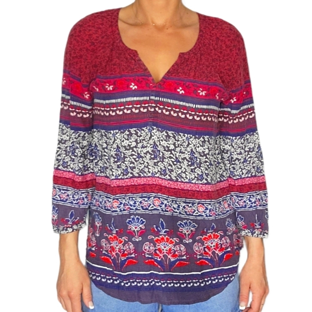 BeachLunchLounge Small Loose Fit Quarter Sleeve Boho Blouse Red Blue VNeck